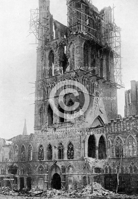 The tower of Market Hall after a German bombardment, Ypres, Belgium, First World War, (1920). Artist: Unknown