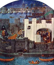 The Tower of London with London Bridge, c1500, (c1900-1920)