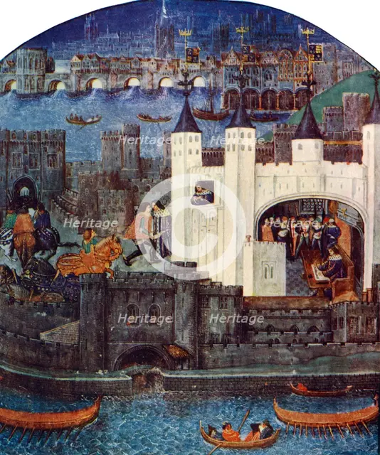 The Tower of London with London Bridge, c1500, (c1900-1920). Artist: Unknown