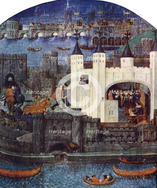 The Tower of London with London Bridge, c1500, (c1900-1920). Artist: Unknown
