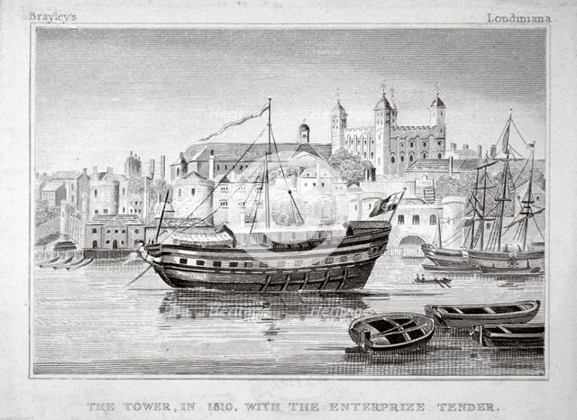 The Tower of London with the 'Enterprize' tender in the foreground, 1810. Artist: Anon