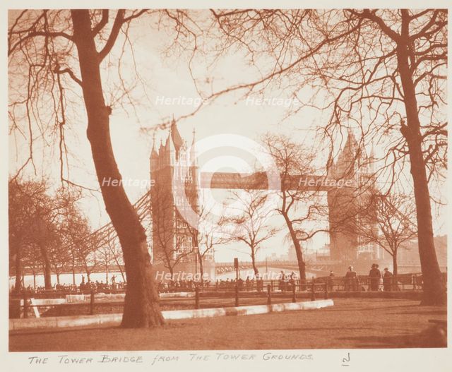 The Tower Bridge from the Tower grounds. From the album: Photograph album - London, 1920s. Creator: Harry Moult.