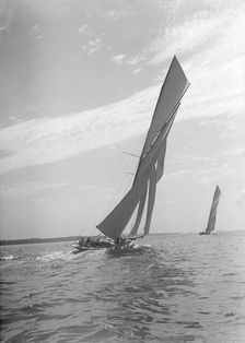 The towering sails of the 15 Metre yacht Istria sailing close-hauled, 1911. Creator: Kirk & Sons of Cowes