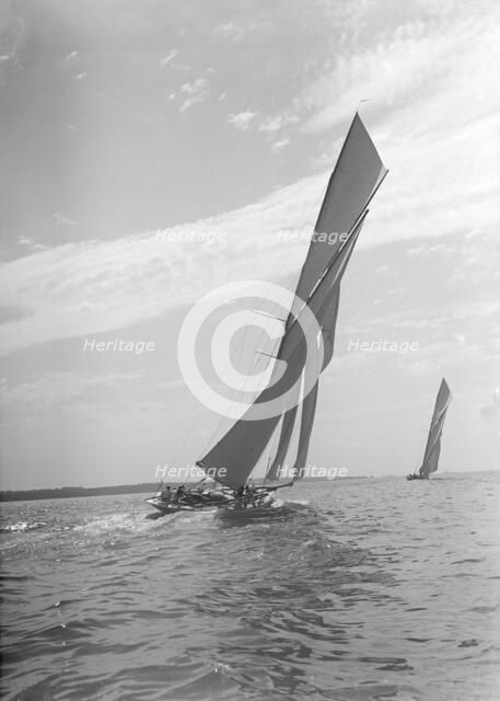 The towering sails of the 15 Metre yacht 'Istria' sailing close-hauled, 1911.  Creator: Kirk & Sons of Cowes.