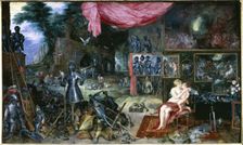 The touch Venus and Cupid kissing in a room full of armour, 17th century. Creator: Brueghel de Velours, Jan (1568 - 1625)