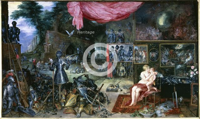 The touch'. Venus and Cupid kissing in a room full of armour, 17th century. Creator: Brueghel de Velours, Jan (1568 - 1625).