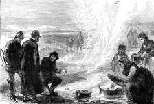The Tourist in Iceland: on the road to the geysirs - boiling eggs in the hot springs, 1881. Creator: Unknown
