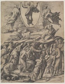 The Transfiguration of Christ who appears upper centre, below him various figures inclu..., 1530-60. Creator: Master of the Die