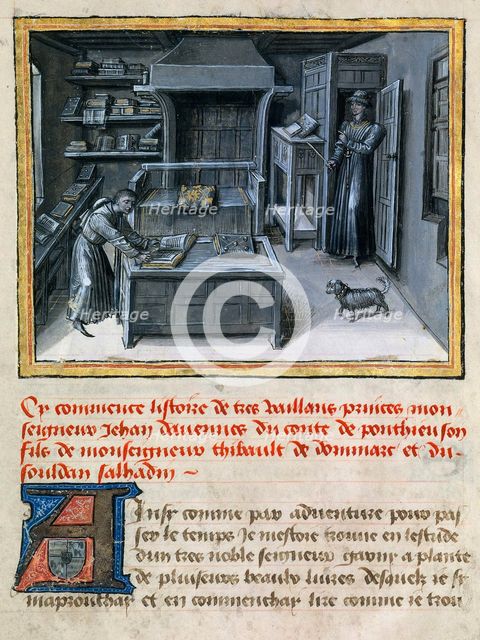 The translator reading the Latin text in the library, ca 1460.