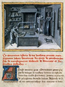 The translator reading the Latin text in the library, ca 1460