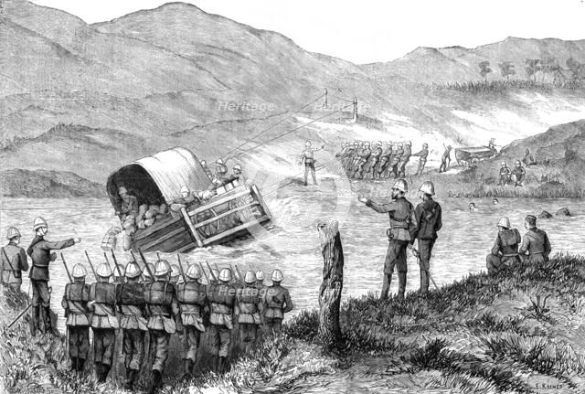 The Transvaal War: capsizing of the pont on the Incangua River, near Newcastle, 1881.  Creator: W. I. Mosses.