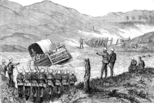 The Transvaal War: capsizing of the pont on the Incangua River, near Newcastle, 1881. Creator: W. I. Mosses