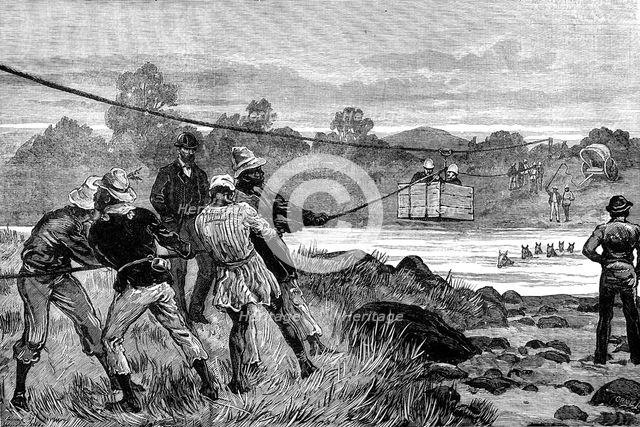 The Transvaal War: difficulties of travelling in South Africa: officers crossing the Ingagani, 1881. Creator: Crane.