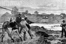 The Transvaal War: difficulties of travelling in South Africa: officers crossing the Ingagani, 1881. Creator: Crane
