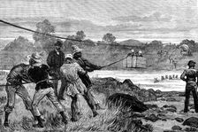 The Transvaal War: difficulties of travelling in South Africa: officers crossing the Ingagani, 1881. Creator: Crane