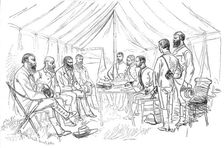 The Transvaal War: meeting of Sir Evelyn Wood and Commandant Joubert to arrange the armistice, 1881. Creator: Unknown