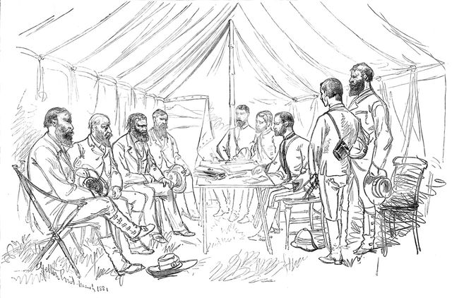 The Transvaal War: meeting of Sir Evelyn Wood and Commandant Joubert to arrange the armistice, 1881. Creator: Unknown.