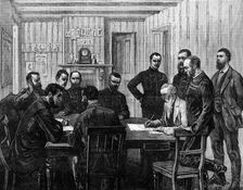 The Transvaal War: signing the terms of peace with the Boers at O'Neil's Farm...March 21, 1881. Creator: Frank Dadd