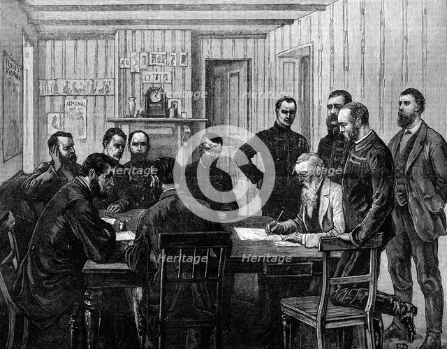 The Transvaal War: signing the terms of peace with the Boers at O'Neil's Farm...March 21, 1881. Creator: Frank Dadd.