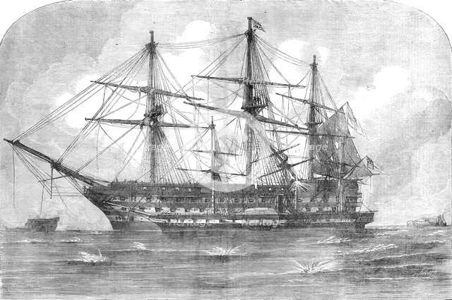 "The Trafalgar" and "Retribution" at the Siege of Sebastopol - from a sketch by Lieutenant..., 1854. Creator: Smyth.