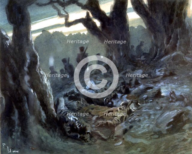 The tragic dawn on November 17, 1822 in El Tres Roures (the Three Oaks), watercolor, 1940.