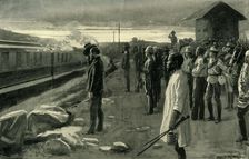 The Train Conveying the Remains of Mr. Rhodes Saluted by the Blockhouse Guards 1902. Creator: Ernest Prater