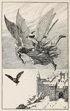 The travelling companion flew behind her, from Fairy Tales from Hans Anderson, pub 1919. Creator: Gordon Browne (1858 - 1932)