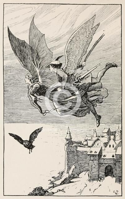The travelling companion flew behind her, from Fairy Tales from Hans Anderson, pub 1919. Creator: Gordon Browne (1858 - 1932).