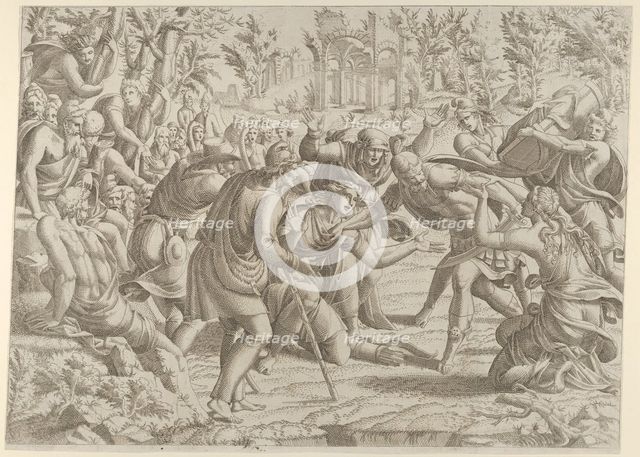 The Treacherous Sinon Brought into the Trajan's Camp by the Shepherds, 1535-55. Creator: Jean Mignon.