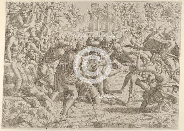 The Treacherous Sinon Brought into the Trajan's Camp by the Shepherds, 1535-55. Creator: Jean Mignon.