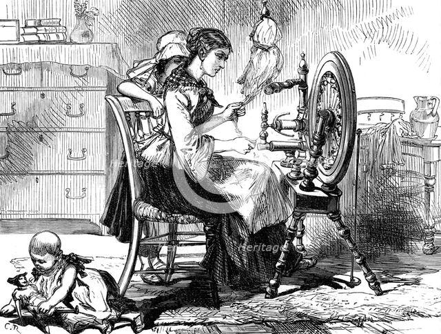 The Treadle spinning wheel, c1880.Artist: RC
