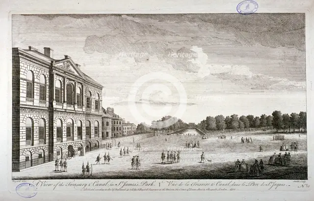 The Treasury and the canal in St James's Park, Westminster, London, 1755. Artist: John Smith