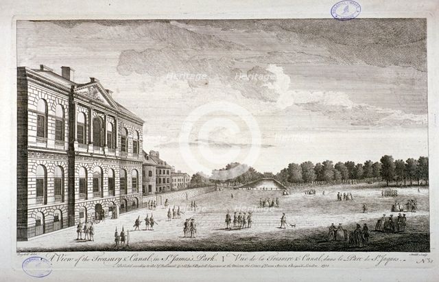 The Treasury and the canal in St James's Park, Westminster, London, 1755. Artist: John Smith