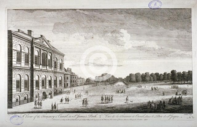 The Treasury and the canal in St James's Park, Westminster, London, 1755. Artist: John Smith