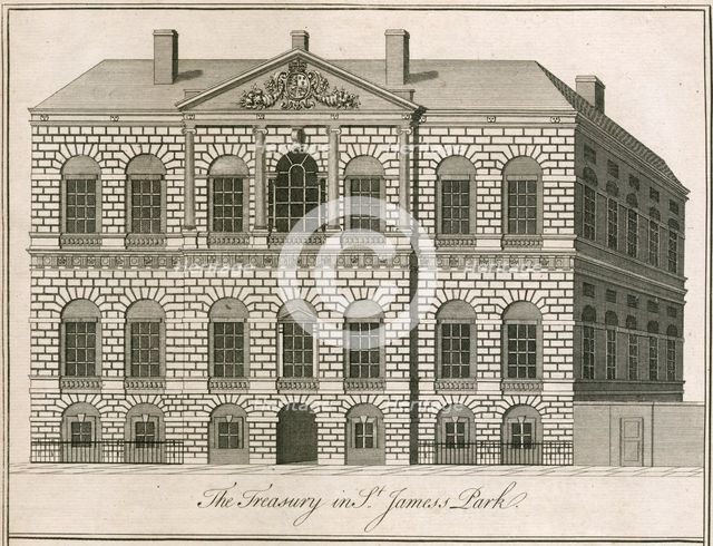 The Treasury in St James's Park, Westminster, London, 1750. Artist: Benjamin Cole.