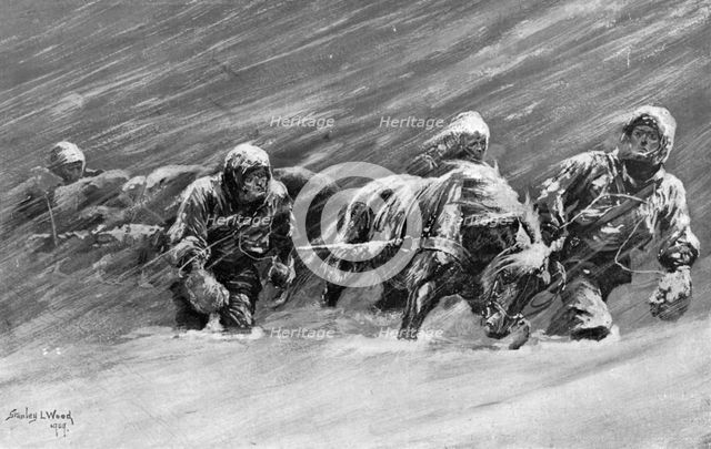 The trek during the snowstorm, 1909.  Creator: Stanley Llewellyn Wood.