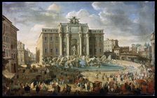 The Trevi Fountain in Rome (Pope Benidict XIV Visits the Trevi Fountain in Rome) 18th century. Artist: Giovanni Paolo Panini