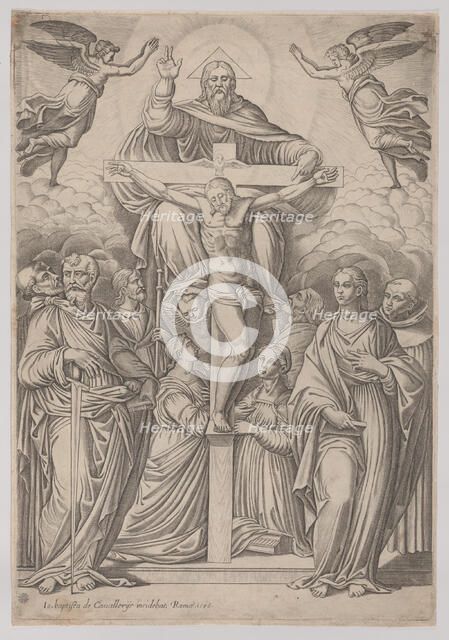 The Trinity, with the crucifixion at center and saints to both sides, 1586. Creator: Giovanni Battista Cavalieri.