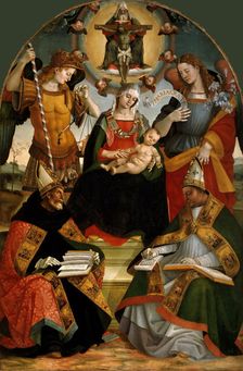 The Trinity, the Virgin and Child, the Archangels Michael and Gabriel and Saints Augustine..., 1510. Creator: Signorelli, Luca (ca 1441-1523)