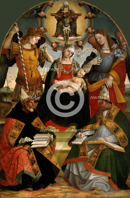 The Trinity, the Virgin and Child, the Archangels Michael and Gabriel and Saints Augustine..., 1510. Creator: Signorelli, Luca (ca 1441-1523).