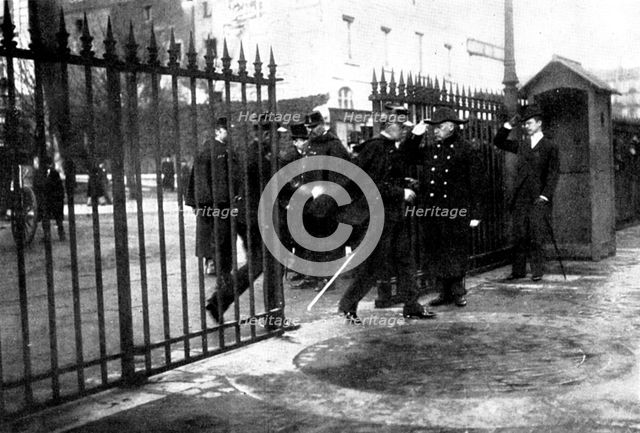 The Trial of M. Zola in Paris: scenes at the Assize Court - arrival of General Pellieux, 1898. Creator: Gribayedoff.