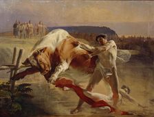 The Trial of Strength of Yan Usmovets, 1849. Artist: Sorokin, Yevgraf Semyonovich (1821-1892)