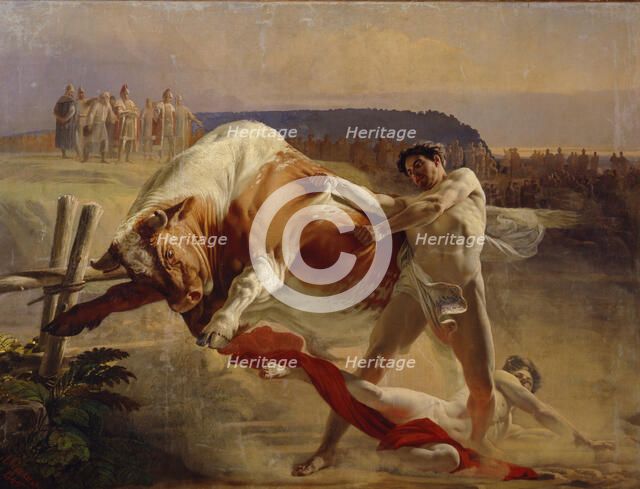 The Trial of Strength of Yan Usmovets, 1849. Artist: Sorokin, Yevgraf Semyonovich (1821-1892)