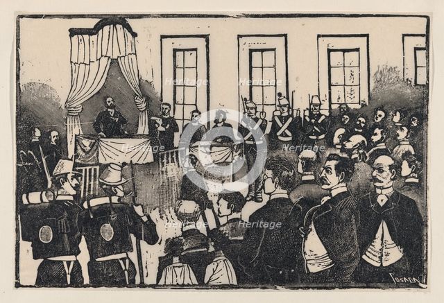 The trial of the killers of Tomas Hernandez Aguirre, from a broadside entitled 'E..., ca. 1890-1891. Creator: José Guadalupe Posada.