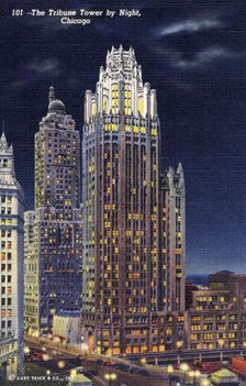 The Tribune Tower by night, Chicago, Illinois, USA, 1941