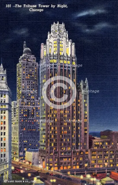 The Tribune Tower by night, Chicago, Illinois, USA, 1941. Artist: Unknown