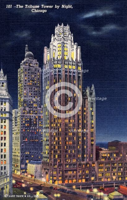The Tribune Tower by night, Chicago, Illinois, USA, 1941. Artist: Unknown