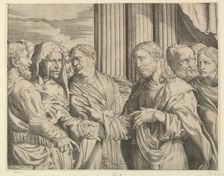 The Triubute Money: Christ at center right gesturing to man at his left with coins ..., ca. 1564-89. Creator: Domenico Campagnola