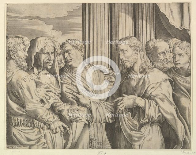 The Triubute Money: Christ at center right gesturing to man at his left with coins ..., ca. 1564-89. Creator: Domenico Campagnola.