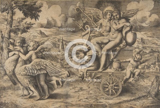 The triumph of Cupid and Psyche who are seated on a chariot drawn by two birds rest..., ca. 1550-67. Creator: Giulio Bonasone.